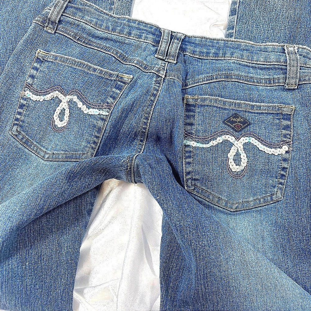 y2k Angels Flare Jeans Blue Fair Low Rise Sequined Back Pocket Distressed Hem